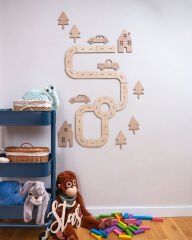 Çocuk Bebek Odası Duvar Dekoru Ağaç - Ev - Yol - Araba Ahşap